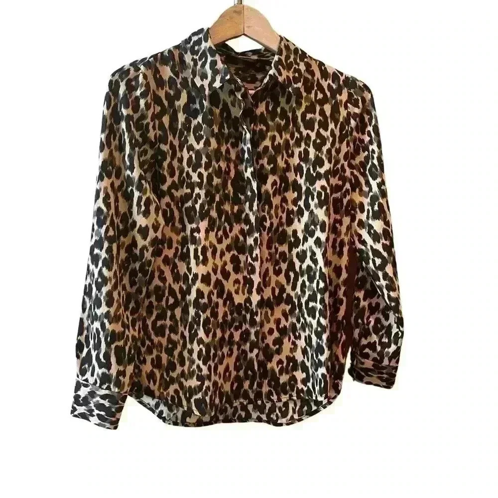 Halogen Hidden Button Animal Print Button Down Blouse.